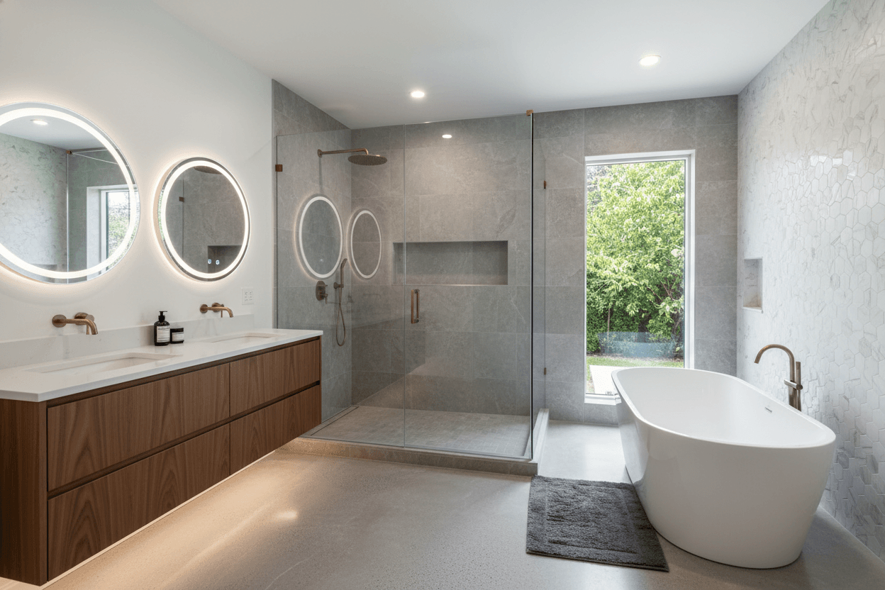 Completed bathroom remodel with walk-in shower and floating vanity