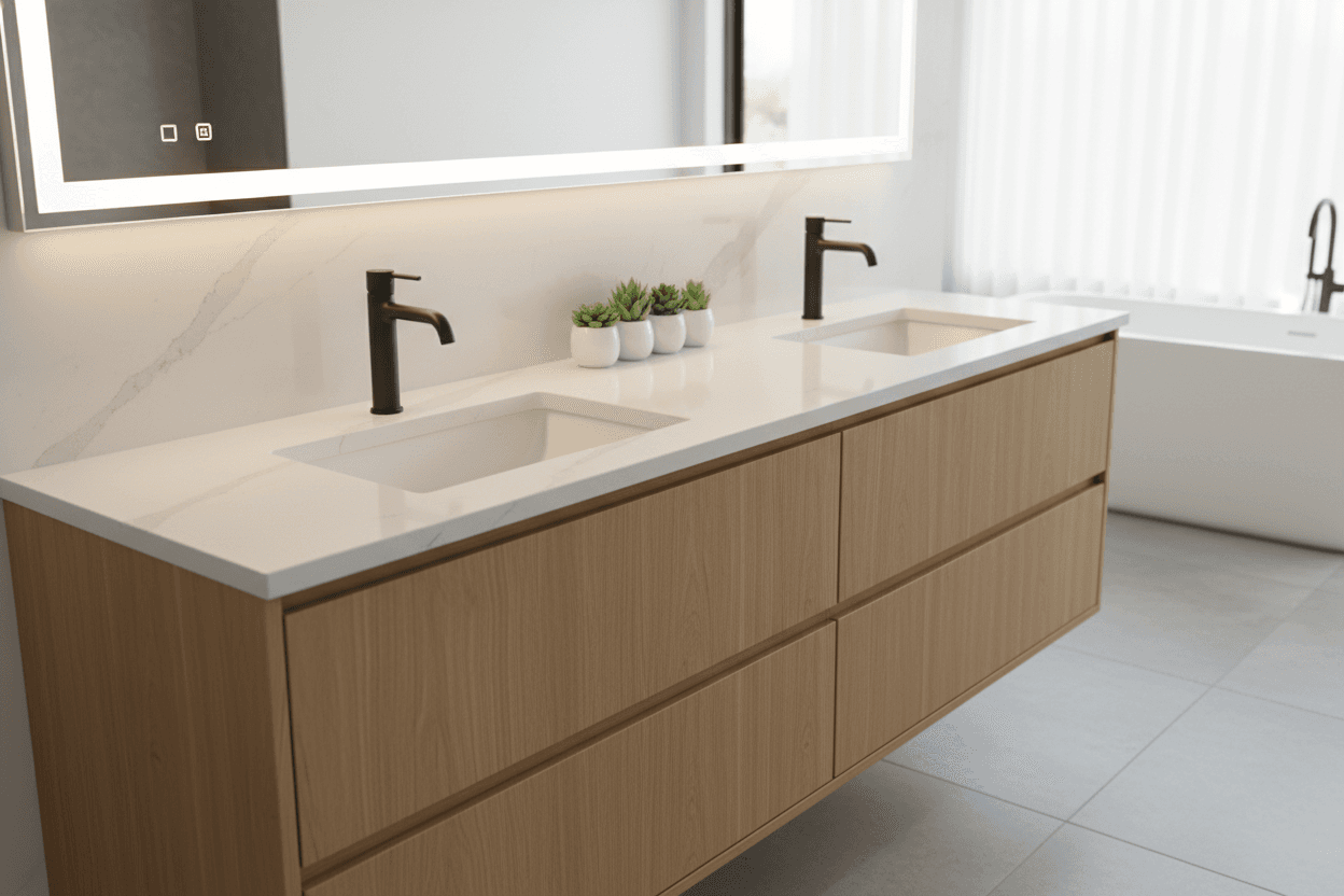 Bathroom double vanity with quartz countertop and modern fixtures