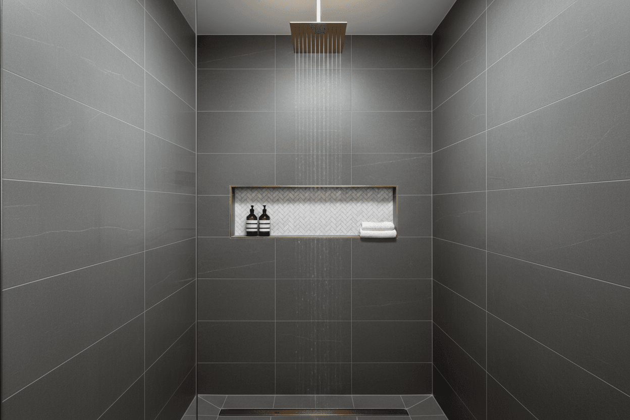 Bathroom shower with large format tile and rainfall showerhead