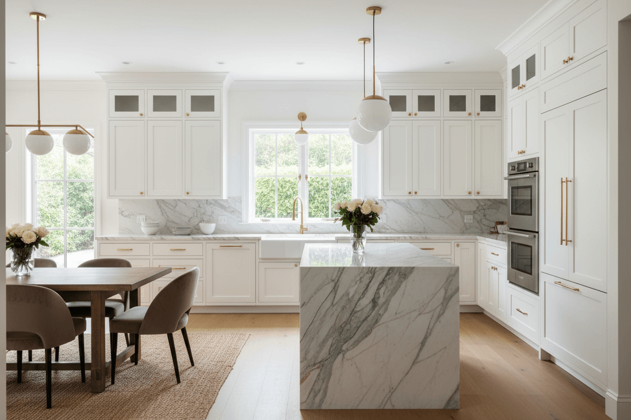 Completed kitchen remodel with white cabinets and marble countertops