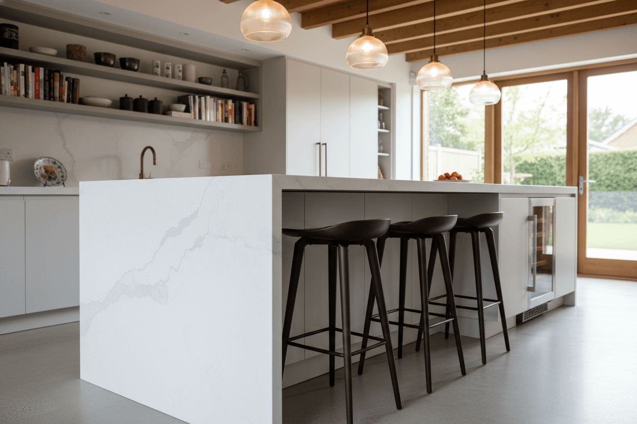 Kitchen island with quartz waterfall edge and bar seating