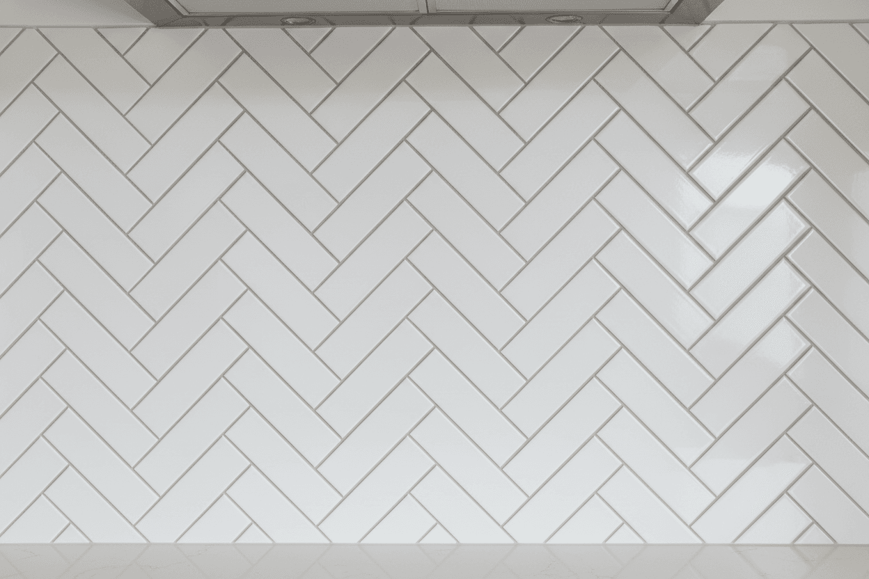 Kitchen backsplash with herringbone subway tile pattern