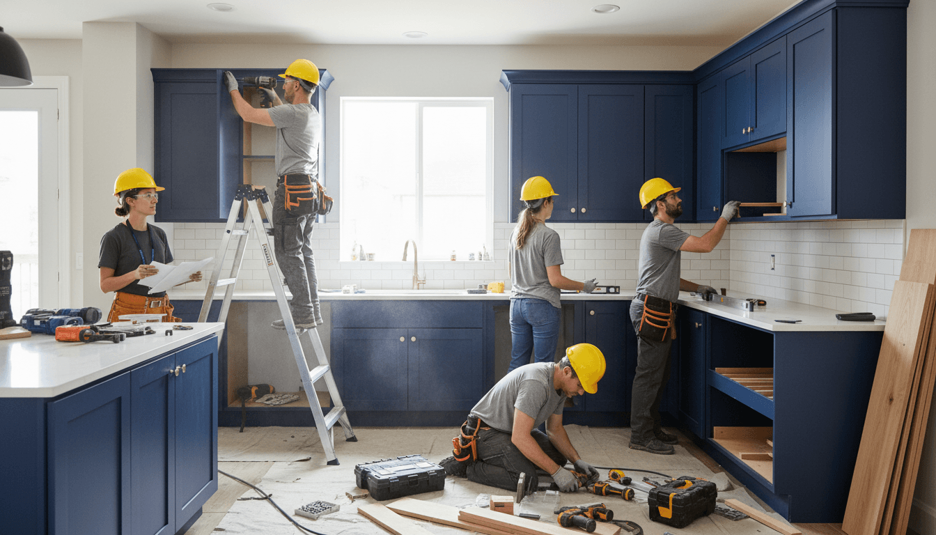 Professional remodeling team installing kitchen cabinets