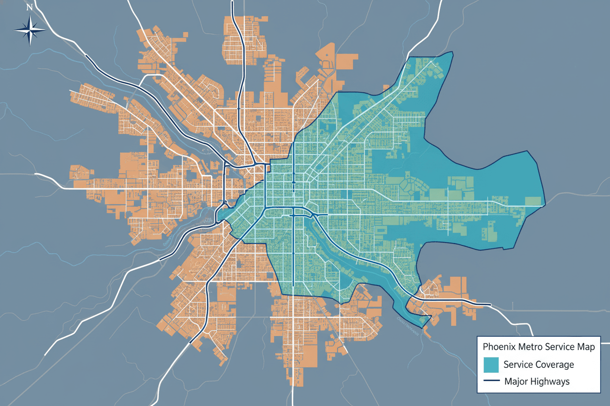 Service area map covering Phoenix Arizona metro area