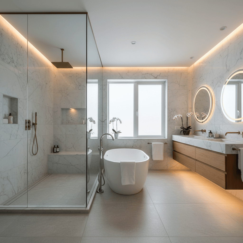 Elegant master bathroom with walk-in shower and marble tile