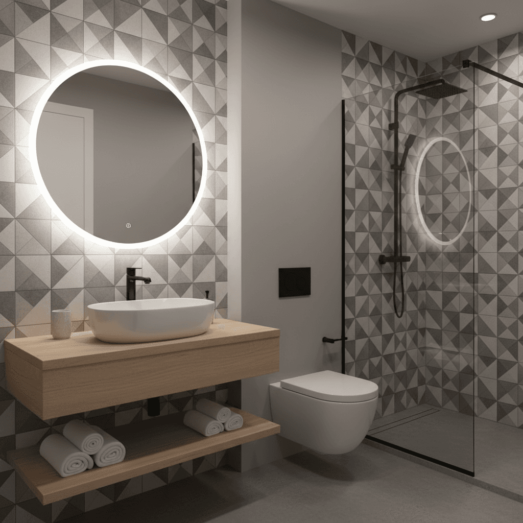 Contemporary guest bathroom with floating vanity and geometric tile