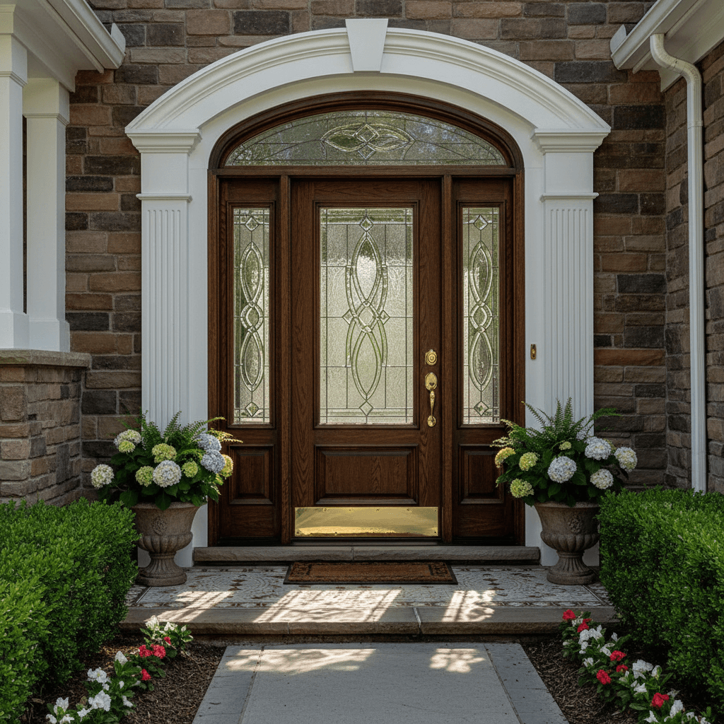 Elegant front entry door with decorative glass and sidelights