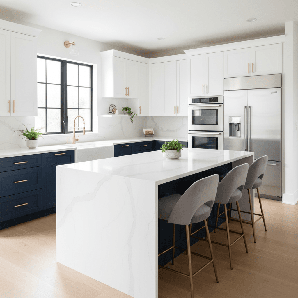 Modern kitchen with two-tone navy and white cabinets