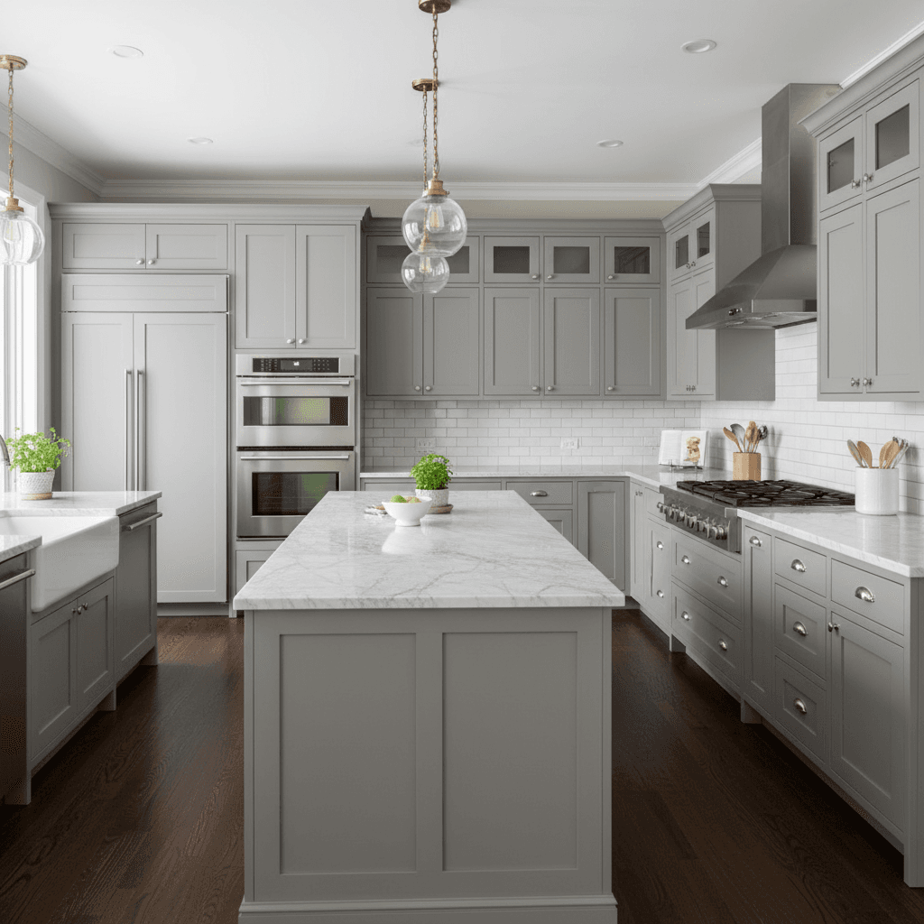 Transitional kitchen with gray cabinets and marble countertops