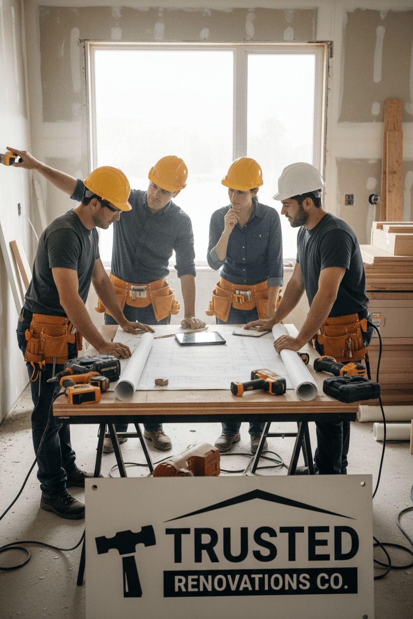 Professional remodeling team planning project at work site